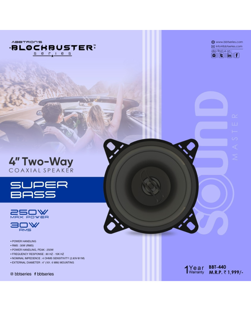 Blockbuster BBT 440 4 Inches | Two Way Co Axial Speakers | RMS 30 Watts Super Bass
